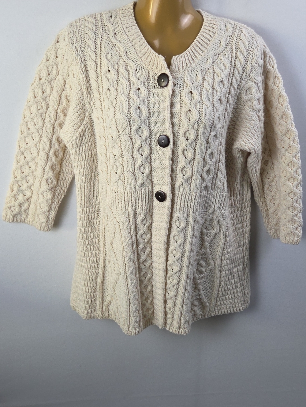 Kilronan Knitwear Ivory Merino Wool Cable-Knit Button Cardigan Sweater Sz S - Picture 1 of 10